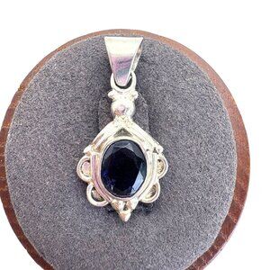 VTG Sterling Silver 925 Synthetic Sapphire Bezel Set Pendant Size 1" Length